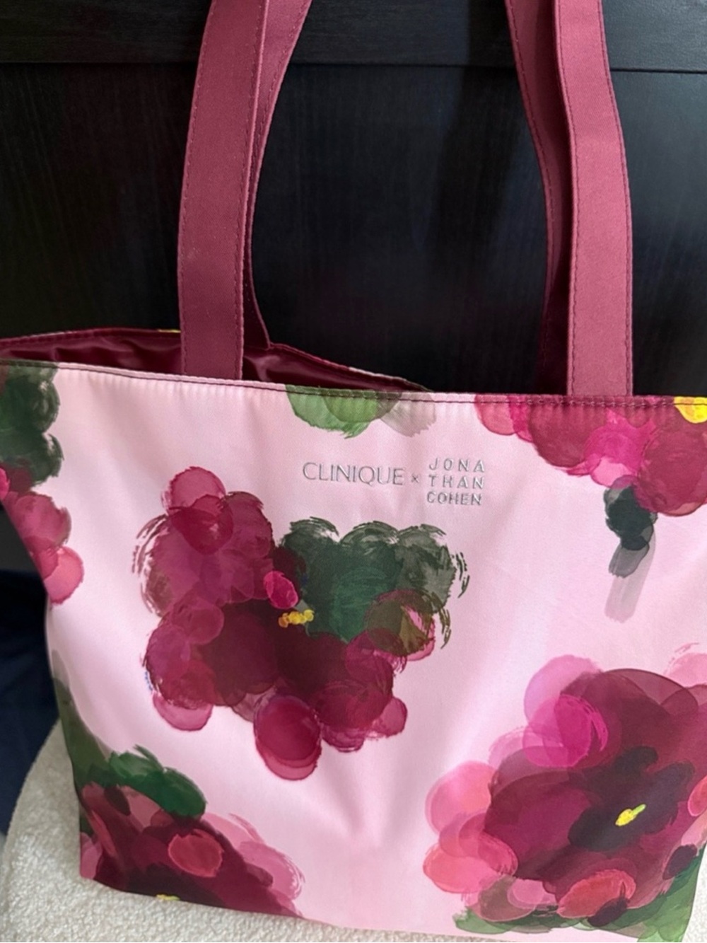 Clinique Pink Berry Floral Tote Bag with Berry Handles